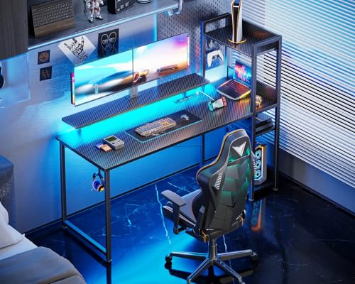 ODK Reversible Gaming Desk with USB Charging Port and LED Lights, 40 Inch Computer Desk with Storage Shelves & Monitor Stand, Study Table for Home Office, Small Space Bedroom, Carbon Fiber Black