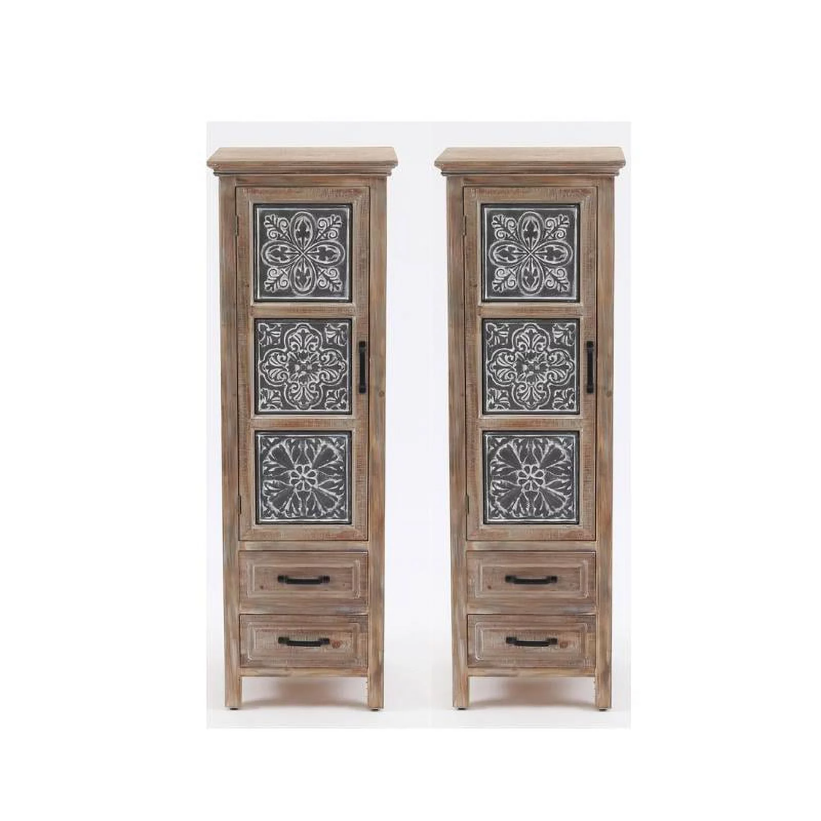 Home Square 2 Drawer Wood Tall Tower Cabinet Set in Brown (Set of 2)