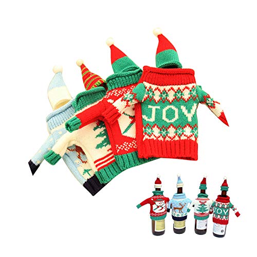 Christmas Wine Bottle Covers Ugly Sweater Bottle Ornaments Beer Water Bottle Holders Xmas Table Decor with Hats for Christmas Holiday Party Favors Supplies 4 Set