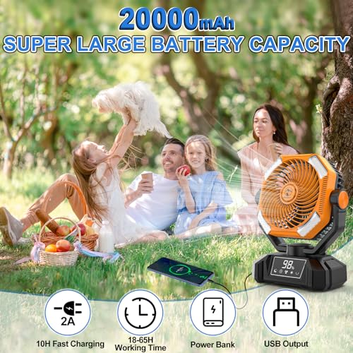 20000mAh Rechargeable Camping Fan, 5 Speed Powerful Battery Powered Fan for Camping, Oscillating Fan with LED Lantern, Portable with Timing Setting, Remote Control for Camping Hiking Fishing Jobsite