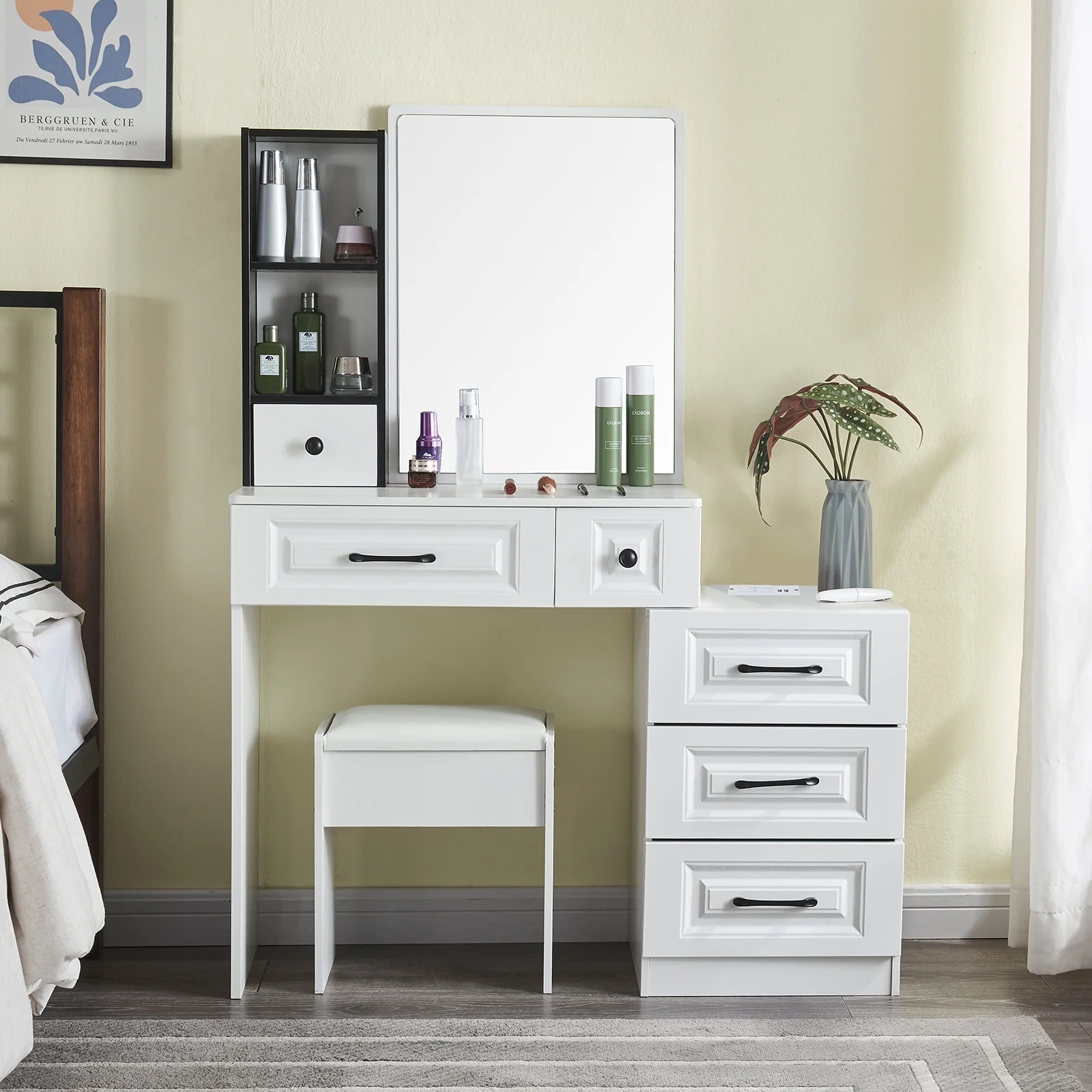 Vanity Makeup Table Set w/ 10LED Mirror & USB Charging Station Drawers Stool