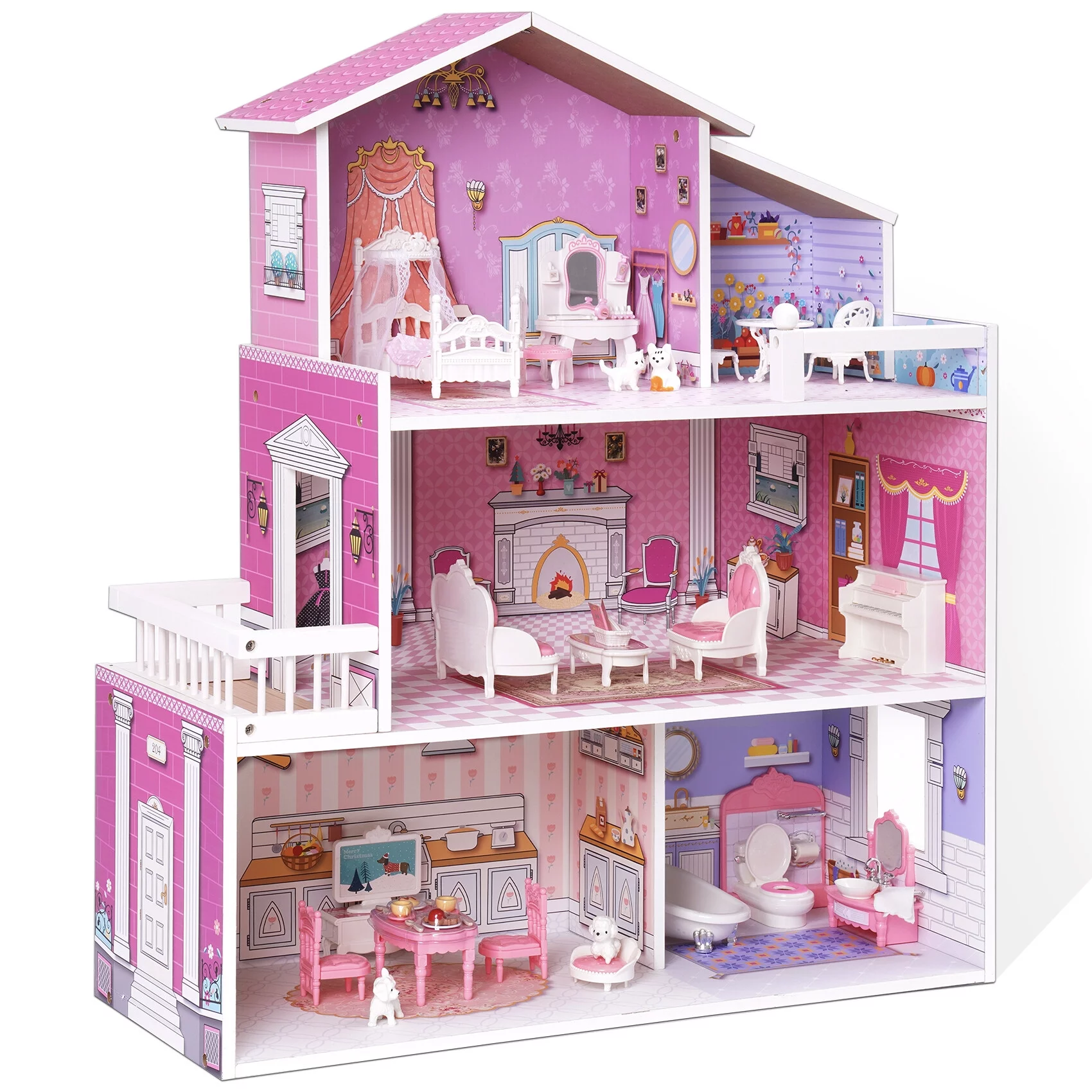 ikayaa Wooden Dollhouse for Kids with 24pcs Furniture Preschool Dollhouse House Toy(lavender purple)