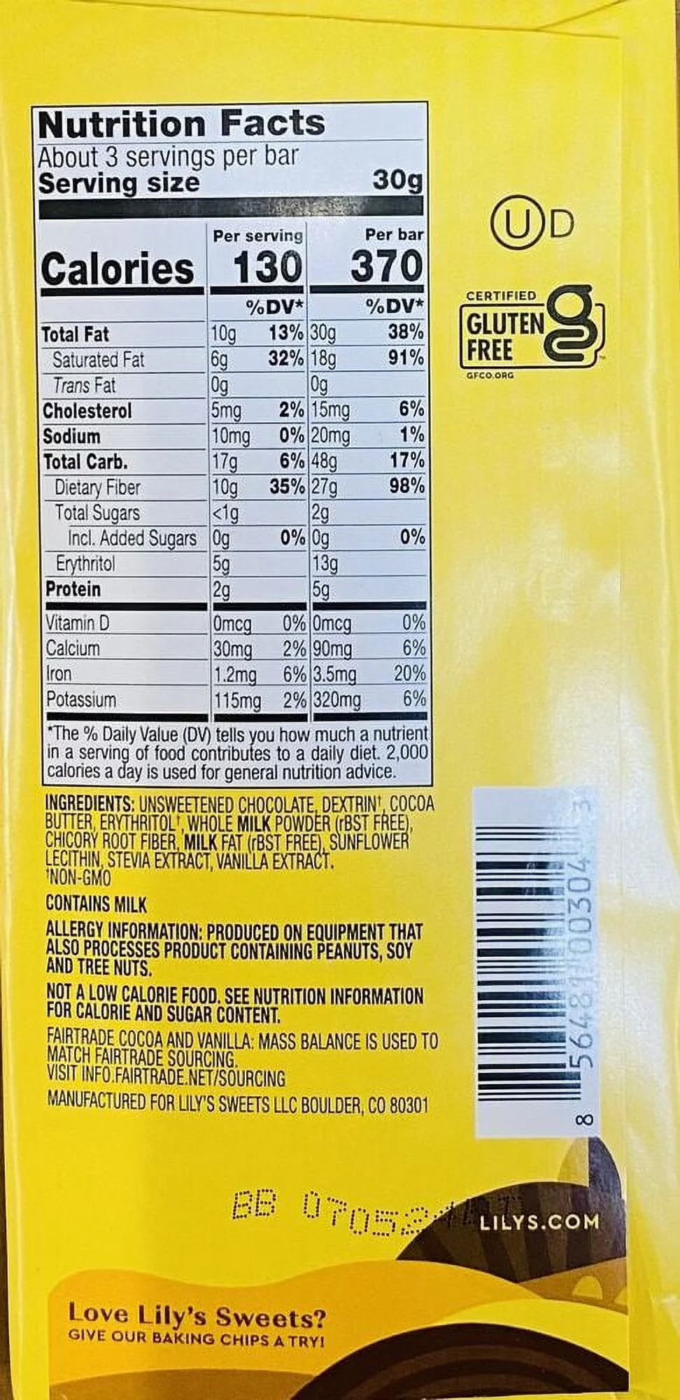 LILYS Creamy Milk Chocolate STEVIA SWEETENED 40% Cocoa 3 oz Bar