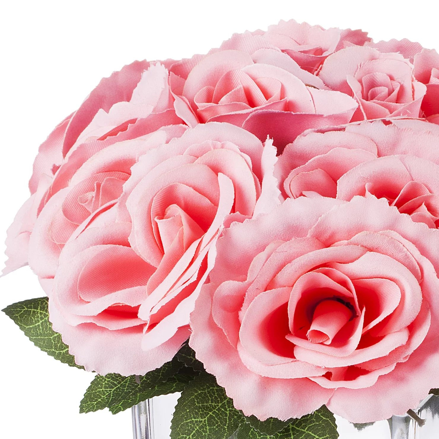 Enova Home Artificial Flowers Velvet Roses Fake Flowers Arrangement in Cube Glass Vase with Faux Water for Home Office Wedding Decoration (Pink)