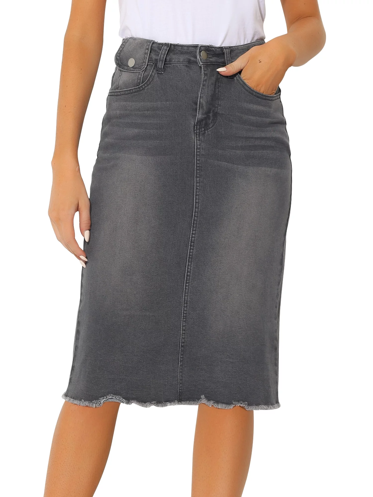 Allegra K Women's Solid High Waist Back Vent Knee Length Denim Skirt