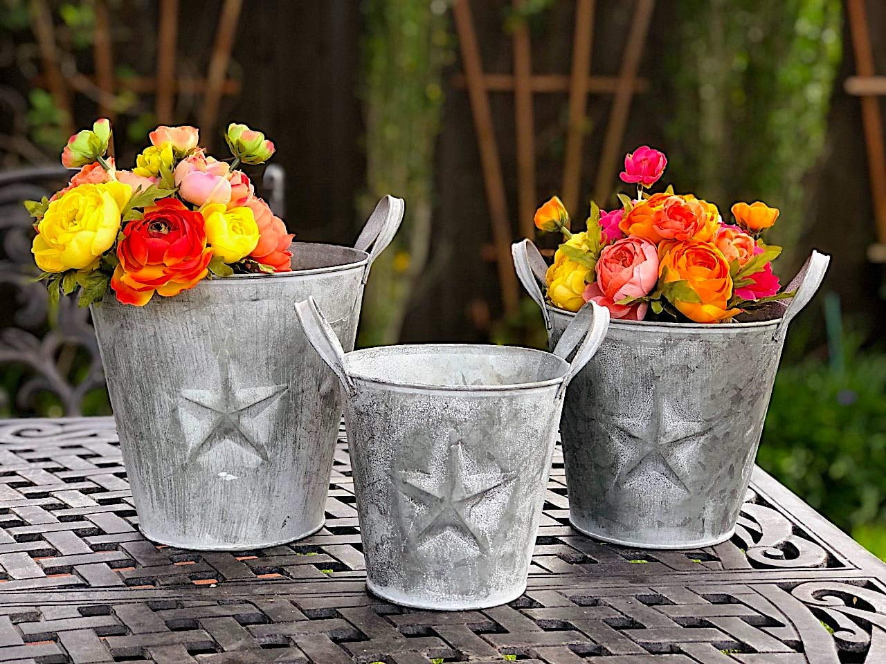 S/3 Metal Buckets Planters With Handles Tarnished Silver Lone Star Design Decorative Distressed Rustic Bathroom Garden Utility Organizer Indoor Outdoor
