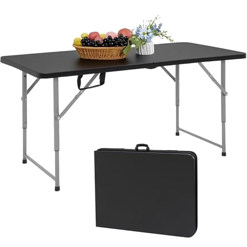 5 Foot Folding Table with Carrying Handle - Portable Plastic Fold in Half Table with Safety Locks, Heavy Duty Plastic Foldable Table for Party, Picnic, Camping, Dining (Upgrade White, 5FT)