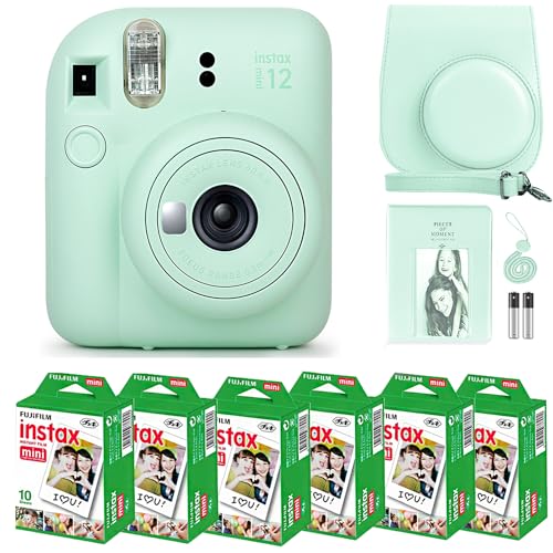 Fujifilm Instax Mini 12 Camera with Fujifilm Instant Mini Film (60 Sheets) Bundle with Deals Number One Accessories Including Carrying Case, Photo Album, Stickers (Lilac Purple)