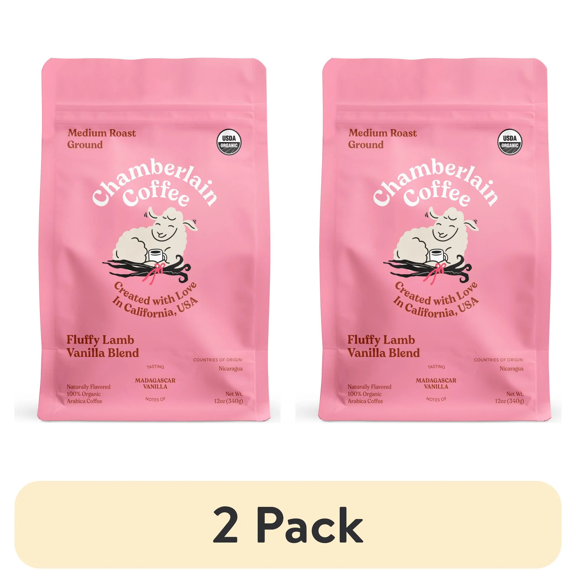 (2 pack) Chamberlain Coffee, Fluffy Lamb Vanilla Medium Roast Grounds Bag, Naturally Caffeinated, 12 oz