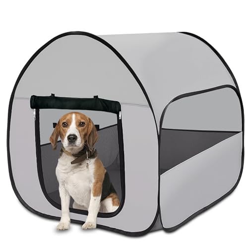 LUCKITTY Pop-Up Dog Kennel Enclosure Large - Portable Outdoor Pet Crate with Carry Bag, Waterproof Travel Carrier for Car, Camping Home, Grey