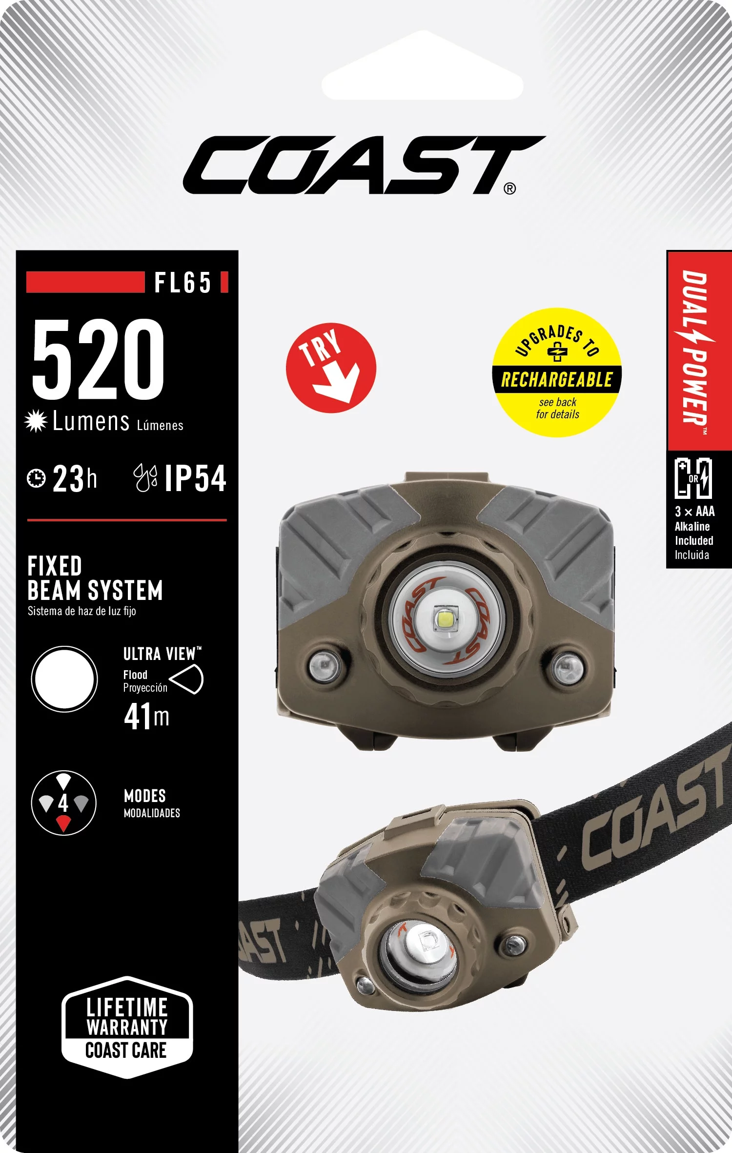 COAST FL65 Dual Color, White, Red 415 Lumen Flood Beam LED Headlamp 3 x AAA Batteries 3.3 oz.