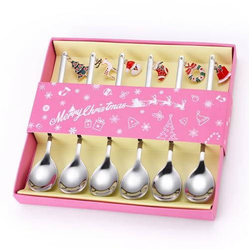 Dessert Spoons Silverware Christmas Silver Small Stainless Steel Flatware 6 Pieces Xmas Decorative Pendants Stirring Utensils for Coffee Tea Drinking Festival Everyday Use