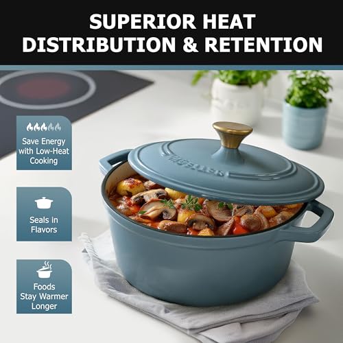 Mueller 6qt Enameled Cast Iron Dutch Oven, Heavy-Duty Casserole and Braiser Pan with Lid and Knob, Oven-Safe up to 500° F & Across All Cooktops, White