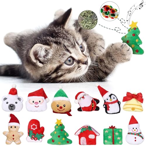 Soulchen Christmas Catnip Toys with Crinkle Sound, Cat Toys with Silvervine and Catnip for Xmas, Interactive Cat Chew Toy for Christmas Indoor Cats Kittens Kitty Classic Style (12 Pcs)