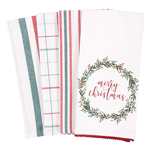KAF Home Kitchen Holiday Digitally Printed Dish Towel Set of 4, 100-Percent Cotton, 18 x 28-inch (Merry Christmas Wreath)