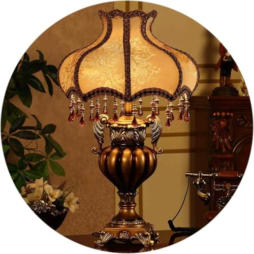 Victorian Crystal Table Lamp, 20.1-inch Resin Base, Gold Antique Design with Crystal Pendants, Silk Shade
