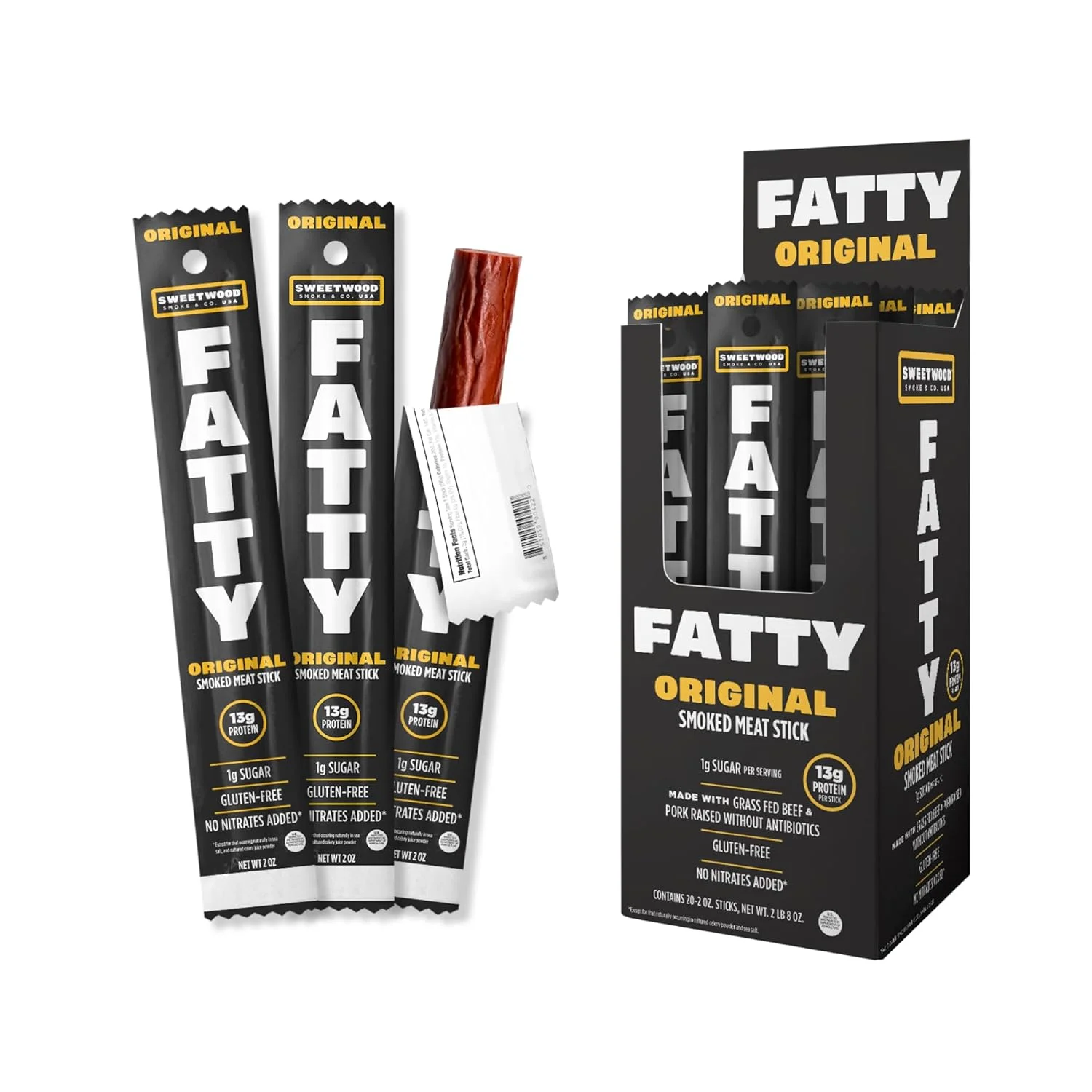 FATTY Meat Sticks, Grass-Fed Beef, High Protein Snack, Camping, Sports, Road Trip, Low Carb, Gluten Free, MSG Free, Nitrate Free, Original Flavor, 2 Ounce (Pack of 20)
