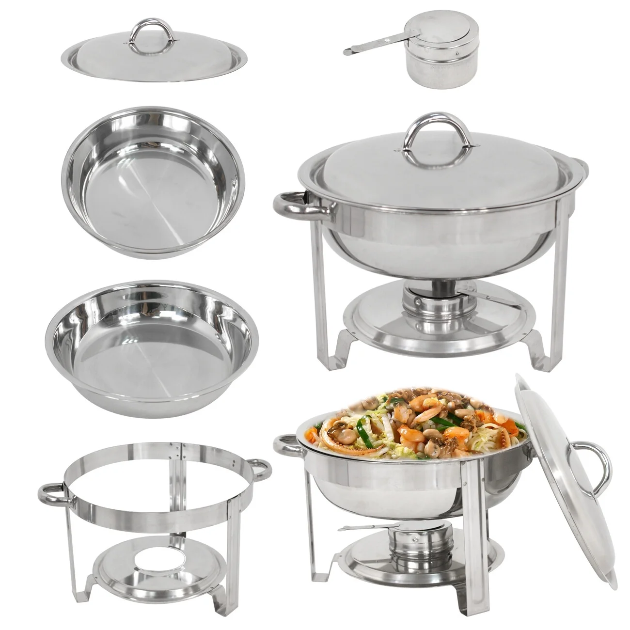 SuperDeal Glossy Round Chafing Dish 5Qt. Buffet Stove Hotel Catering Alcohol Furnace, 4 Pack