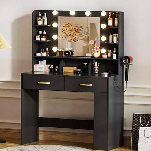 COMHOMA Vanity Desk with Lighted Mirror and Power Outlet, RGB LED Lights Makeup Vanity Set for Girls, Large Storage Capacity Dressing Table for Bedroom, 3 Lighting Modes Adjustable Brightness, White