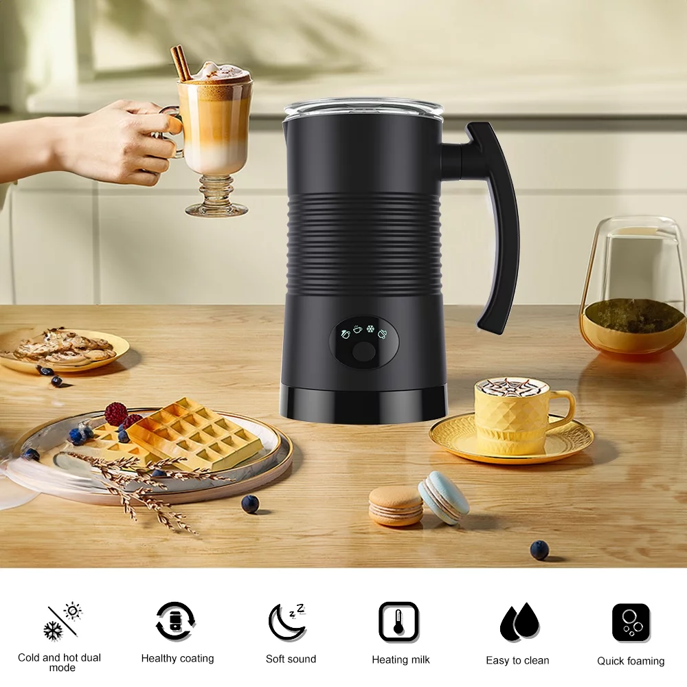 Yabuy Hot/Cold Foam Maker 400W Stainless Steel Milk Frother Non-Stick Interior Electric Milk Steamer for Coffee and Hot Milk Black