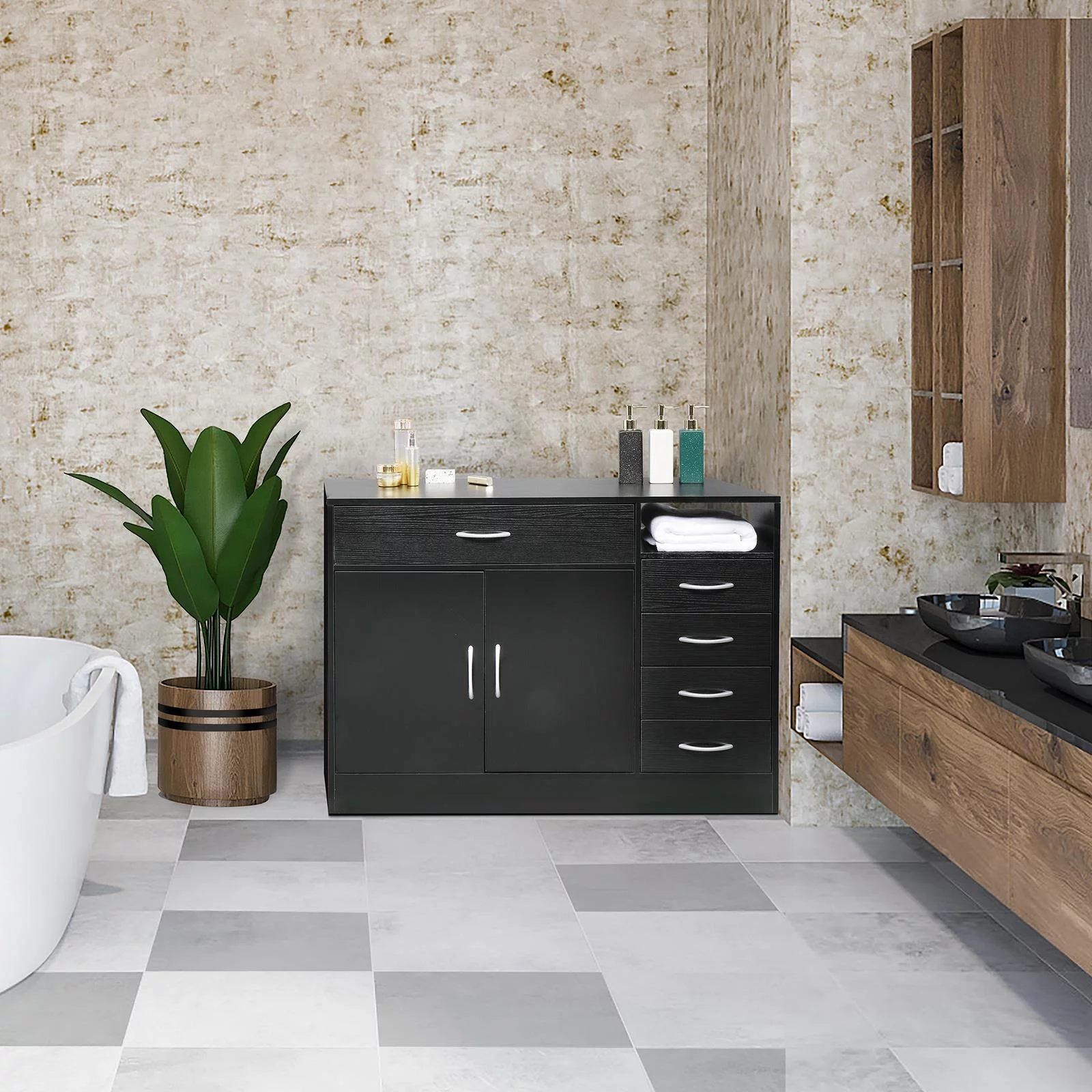 Zimtown Black 5-Drawer Chest Dresser Storage Cabinet, Barber Salon Station Cabinet, Kitchen Sideboard Buffet Cupboard Cabinet for Entryway Bathroom Beauty Spa Makeup Organizer