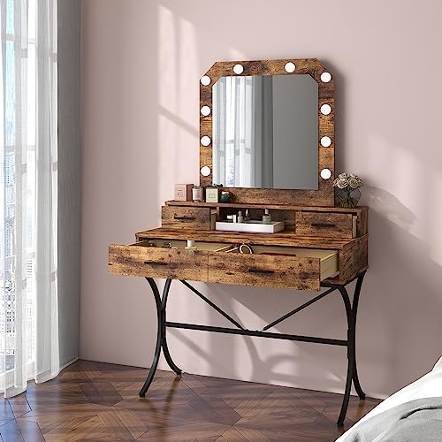 Vanity Table with Lighted Mirror, Modern Makeup Vanity Table with 10 Lights Makeup Desk 4 Drawer Storage Dressing Table for Bedroom (White)