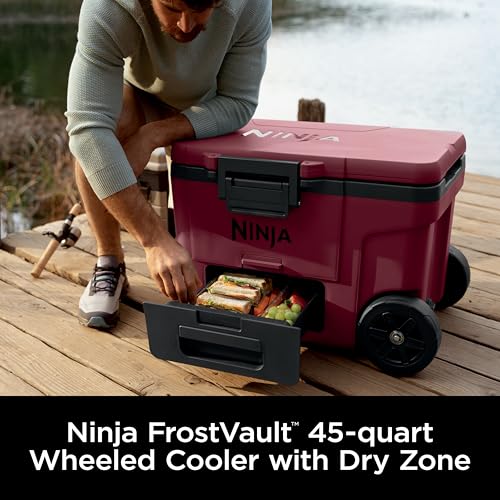 Ninja | Cooler | FrostVault 45QT Cooler with Wheels | Insulated with Temp Dry Storage Drawer | Keeps Ice Cold for Days | for The Beach, Camping, Picnics & More | Lakeshore Blue | FB245BL