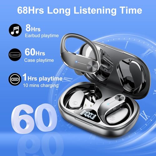 Ear buds Wireless Bluetooth Earbuds 2025 NEW Bluetooth 5.3 Sport Headphones 68Hrs Playtime with LED Display Powerful Bass Over Ear Earphones with Earhooks IP7 Waterproof USB C for Gym/Running