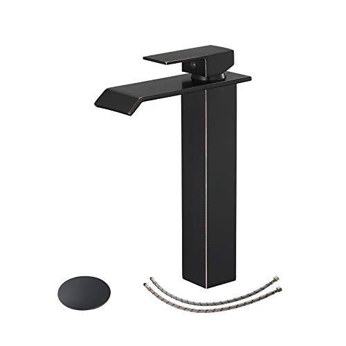 BWE Brushed Nickel Vessel Sink Faucet Waterfall with Pop Up Drain Assembly and Supply Hose Lavatory Bathroom Faucet Single Handle Mixer Tap Deck Mounted