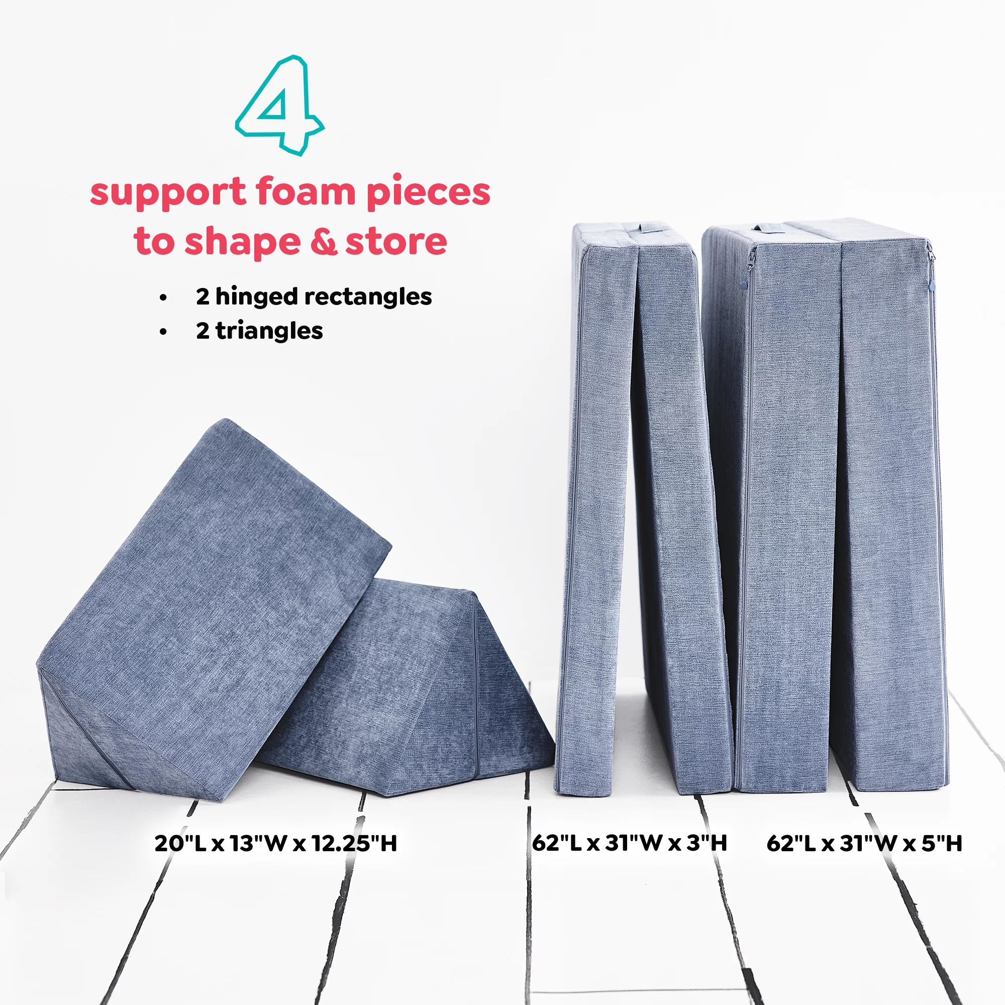 Yourigami Folding Convertible Kids and Toddler Play Couch, 4 Pieces, Blue Lagoon