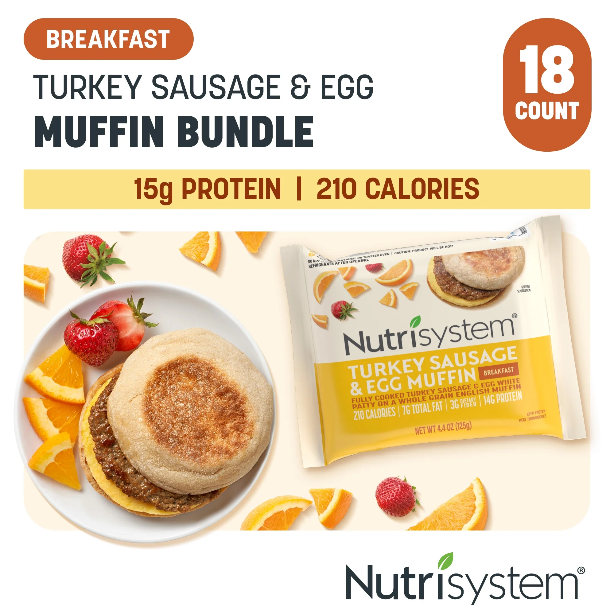 Nutrisystem Turkey Sausage & Egg Muffin Frozen Packaged Breakfast Sandwiches, Weight Loss, 18 Count