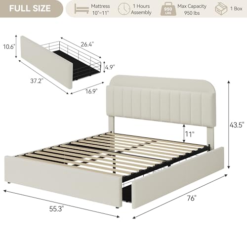 IDEALHOUSE Twin Bed Frame for Kids, Boucle Upholstered Platform Bed for Boys/Girls with 2 Flexible Drawers, Bookcase Headboard, Noise-Free, Easy Assembly, No Box Spring Needed, Beige