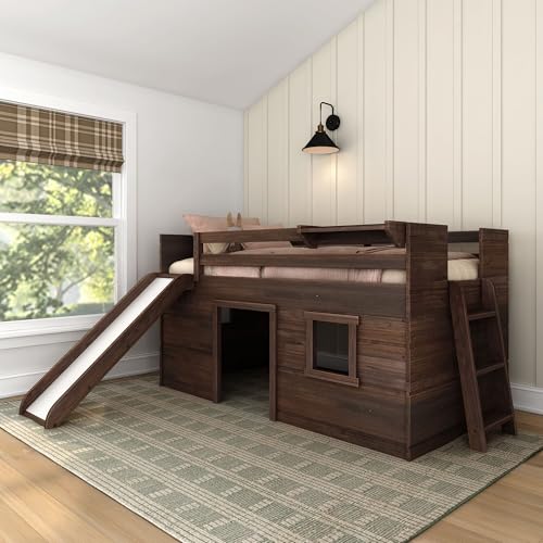 Max & Lily Loft Bed Twin Size, Solid Wood Low Loft Bed with Storage Drawer and Ladder, Modern Farmhouse Loft Bed for Kids, White Wash