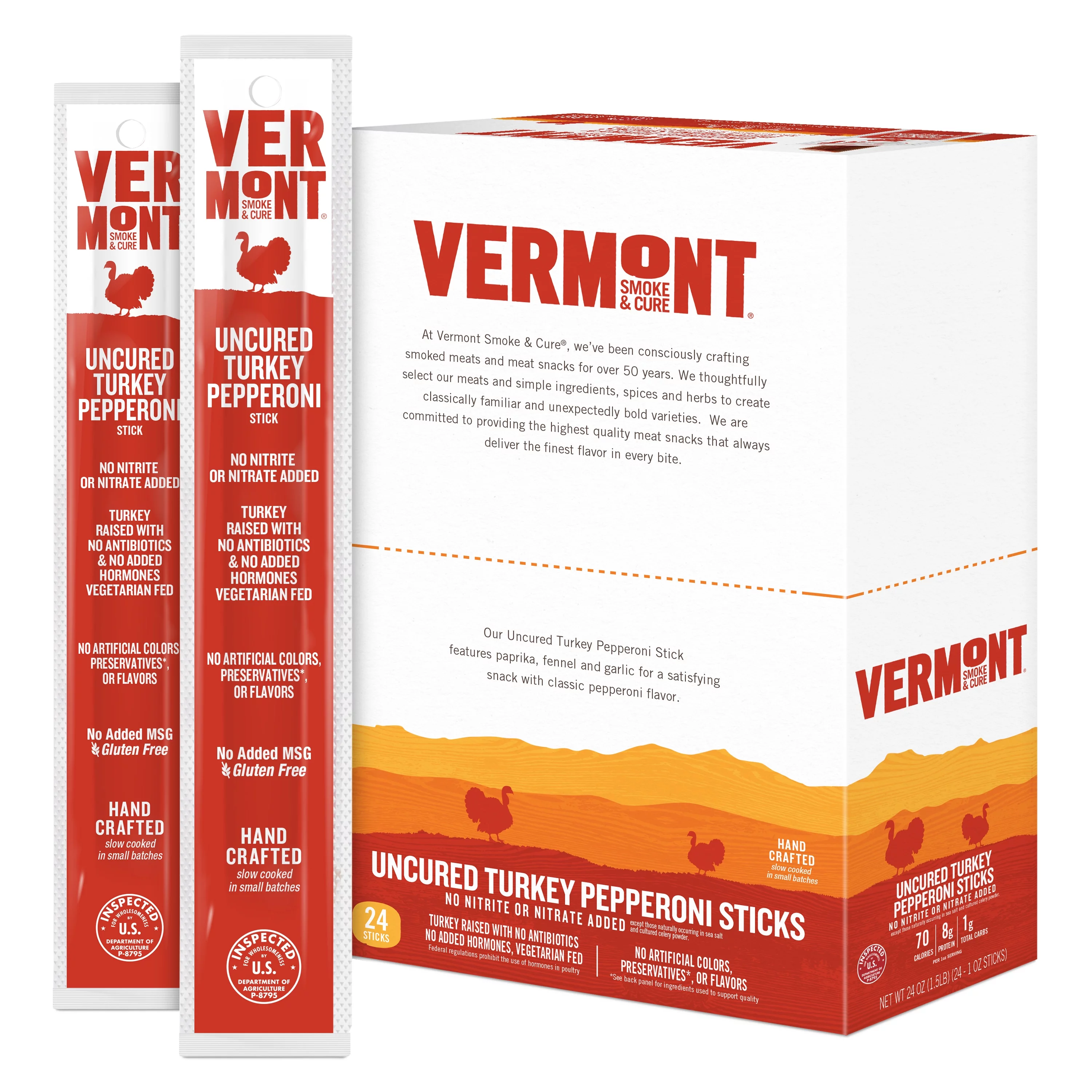 Snack Sticks by Vermont Smoke & Cure – Uncured Pepperoni – Turkey – Healthy Meat Protein – 1oz Jerky Sticks – 24 count carton