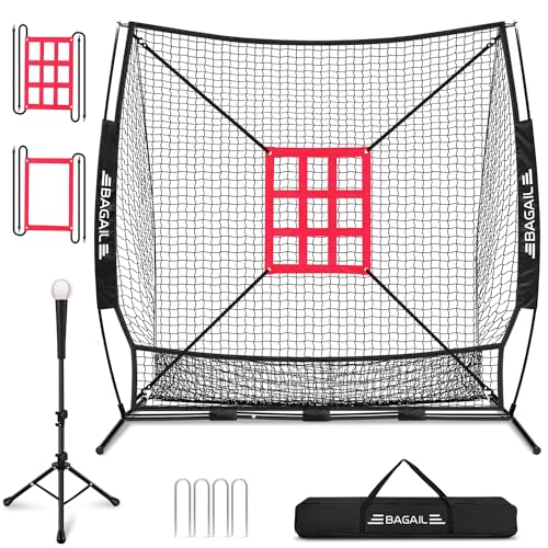 BAGAIL 7x7 ft Baseball & Softball Practice Net with Bow Frame for Batting, Hitting, Pitching, Portable Baseball Throwing Net with 2 Strike Zone Batting Tee, Carry Bag, Great for All Levels