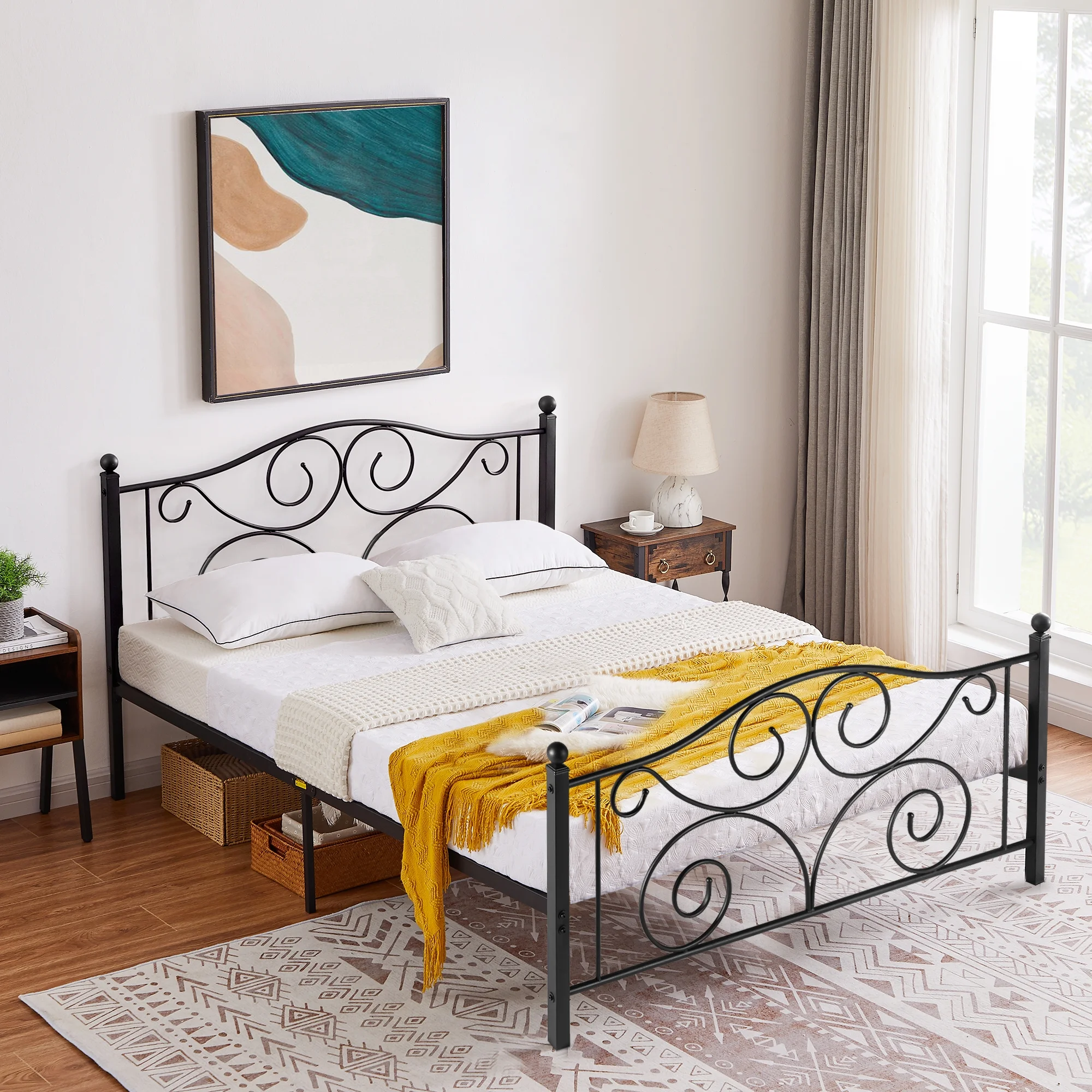 VECELO Metal Platform Bed Frame with Victorian Headboard and Footboard, Full Size, Black