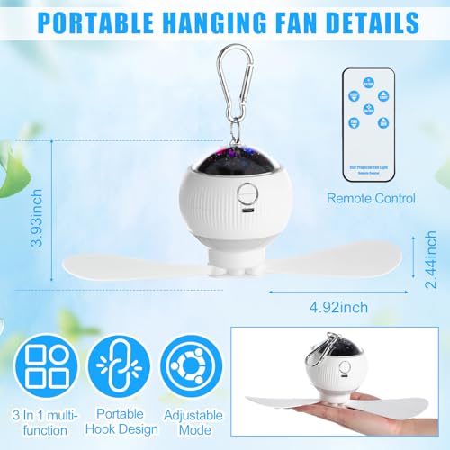 2 Sets Camping Fan with Star Projector 3 in 1 Rechargeable Ceiling Fan with LED Lantern Portable Tent Fans for Camping Hanging with Remote Control Outdoor Camping RV Essentials Indoor Decor