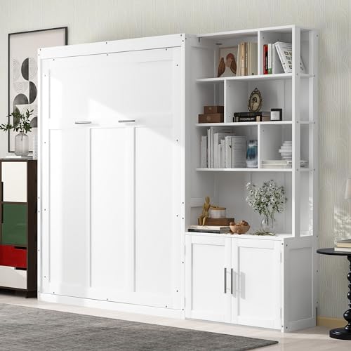 Merax Full Size Murphy Bed, White Wood Wall Bed Cabinet with Multiple Storage Shelves and a Cabinet, White