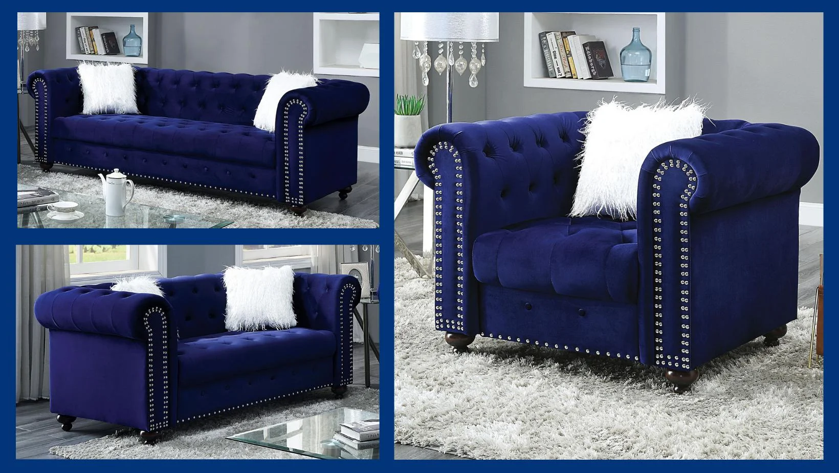 Glam Blue Velvet-Like Fabric Living Room Set 3pcs Furniture of America