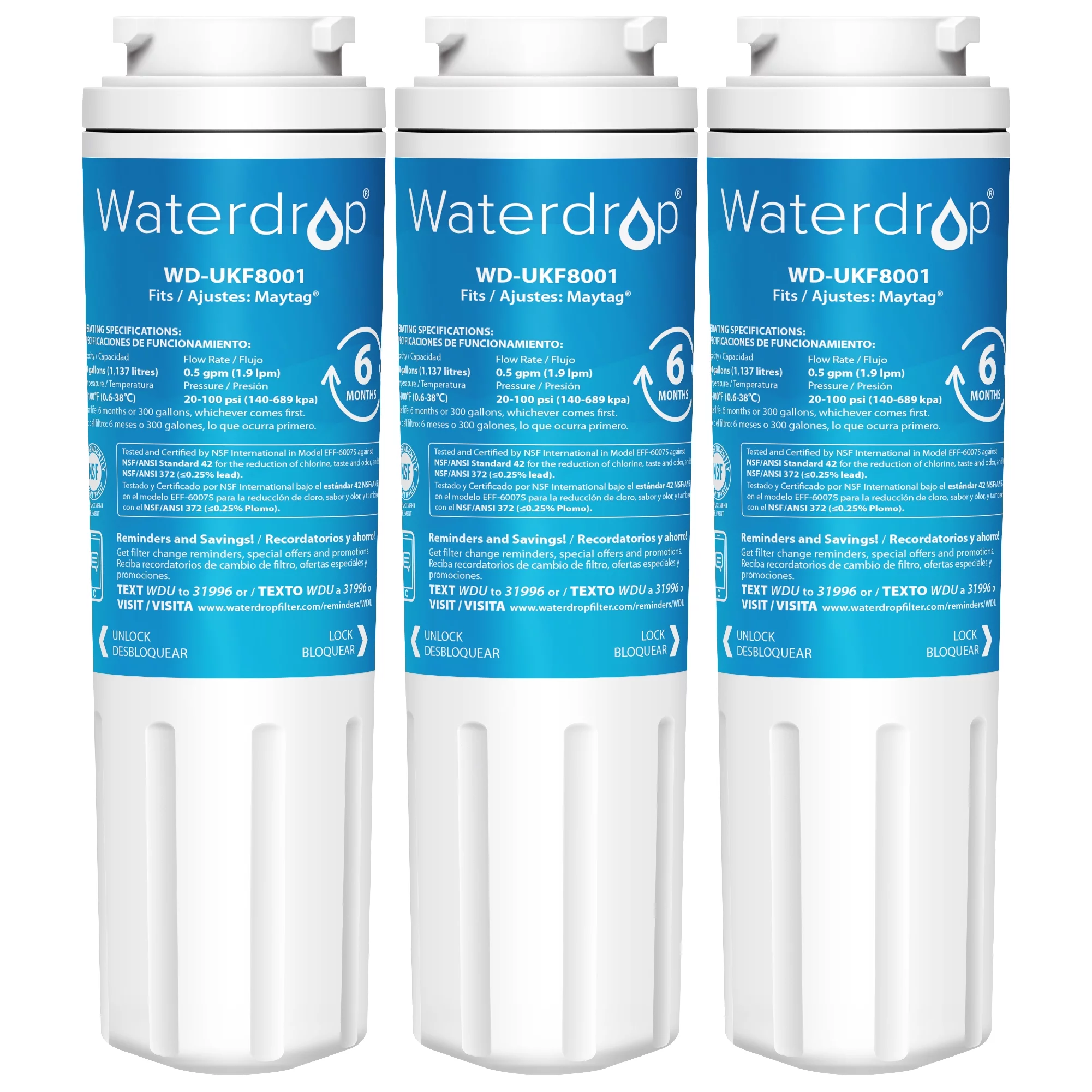 Waterdrop UKF8001 Refrigerator Water Filter, Compatible with Maytag UKF8001AXX-750, UKF8001AXX-200, Whirlpool 4396395, 469006, Filter 4, PUR, Puriclean II, EDR4RXD1, Pack of 3
