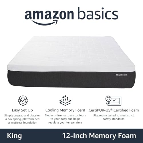 Amazon Basics Gel Memory Foam Mattress, Firm, Cooling, Full Size Mattress, CertiPUR-US® Certified Foam, 75 x 54 x 12 inches, White/Gray