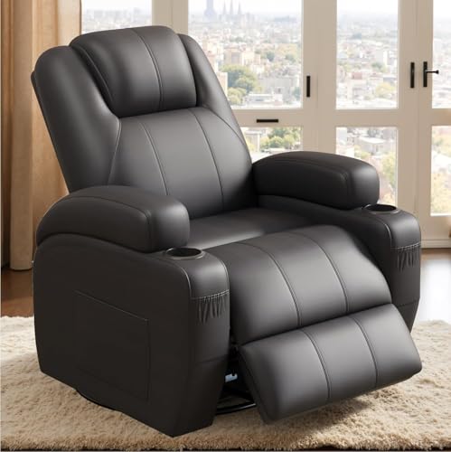 Flamaker Swivel Rocker Recliner Chair with Vibration Massage, 360° Swivel Recliner Chairs for Adults Ergonomic Lounge Chair with Cup Holders Lazy Boy Recliner Single Sofa Seat (Leather, Brown)