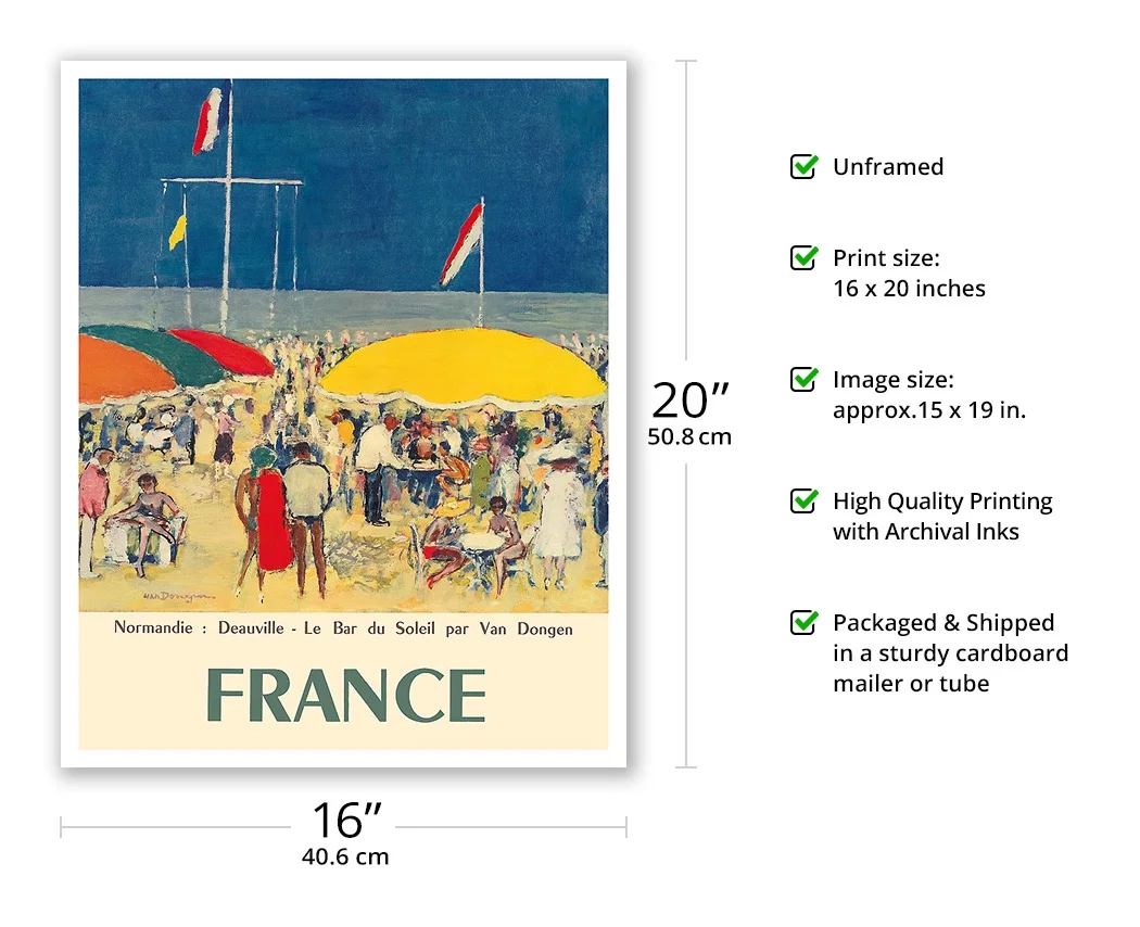 France - Deauville Normandie (Normandy) - Le Bar du Soleil (The Sunshine Bar) - Vintage Travel Poster by Kees Van Dongen c.1960 - Fine Art Matte Paper Print (Unframed) 16x20in