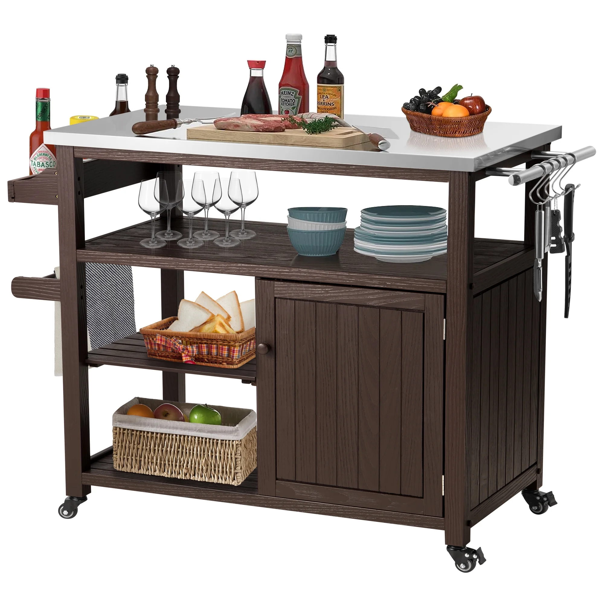 AHB Outdoor Grill Table Solid Wood Storage Cabinet, Rolling Kitchen Island, Movable Bar Cart with Stainless Steel Top, Waterproof Cover for Outside Patio, Backyard, Garden (Brown)