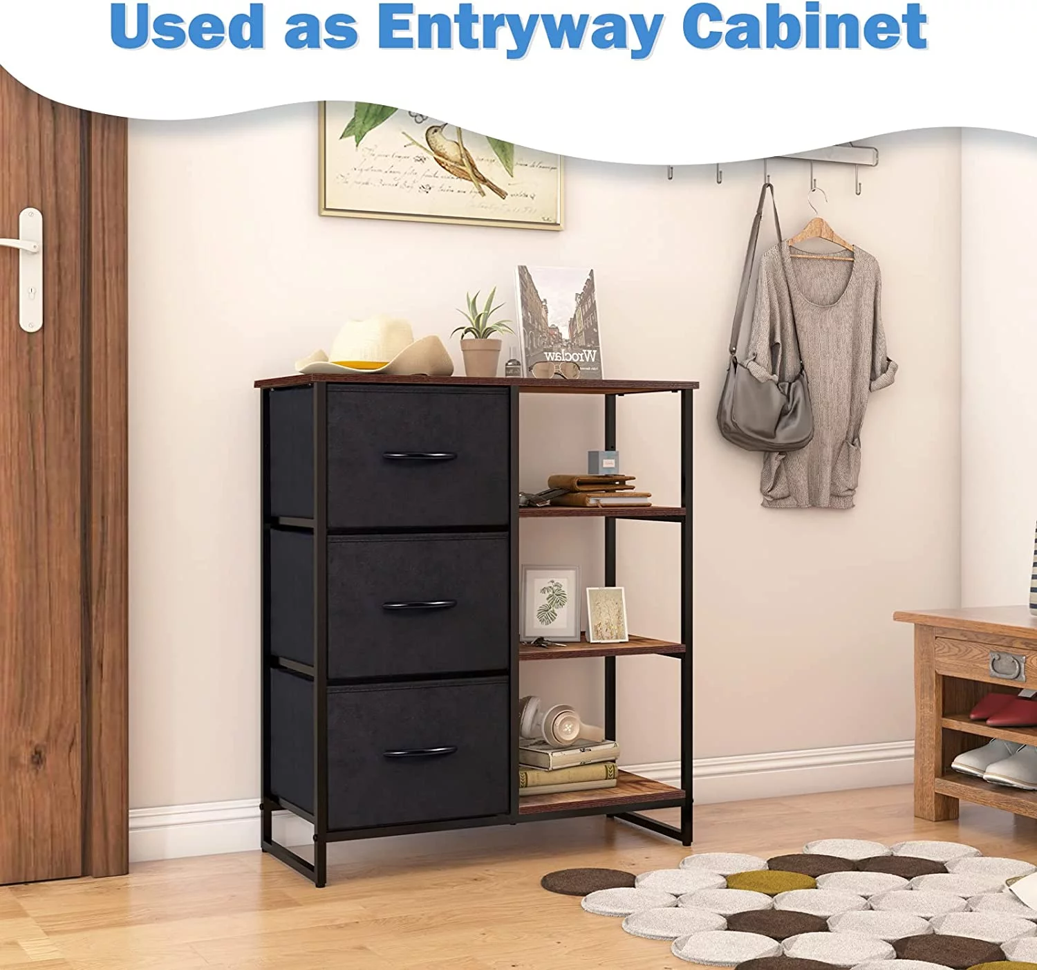 3 Drawer Dresser with Shelves, Storage Cabinet with Drawers, Storage Shelves Nightstands for Bedroom, Livingroom, Office(Right Shelf)