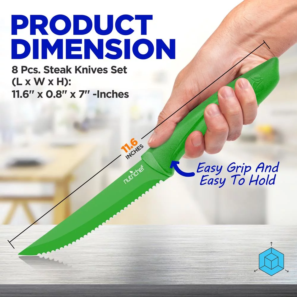8 Piece Kitchen Knife Set - Multi-purpose Unbreakable Ergonomic Non-stick Stainless Steel Kitchen Steak Knives Set with Fully Serrated Blades - Great for BBQ Grill - NutriChef NCSK8GE (Green)