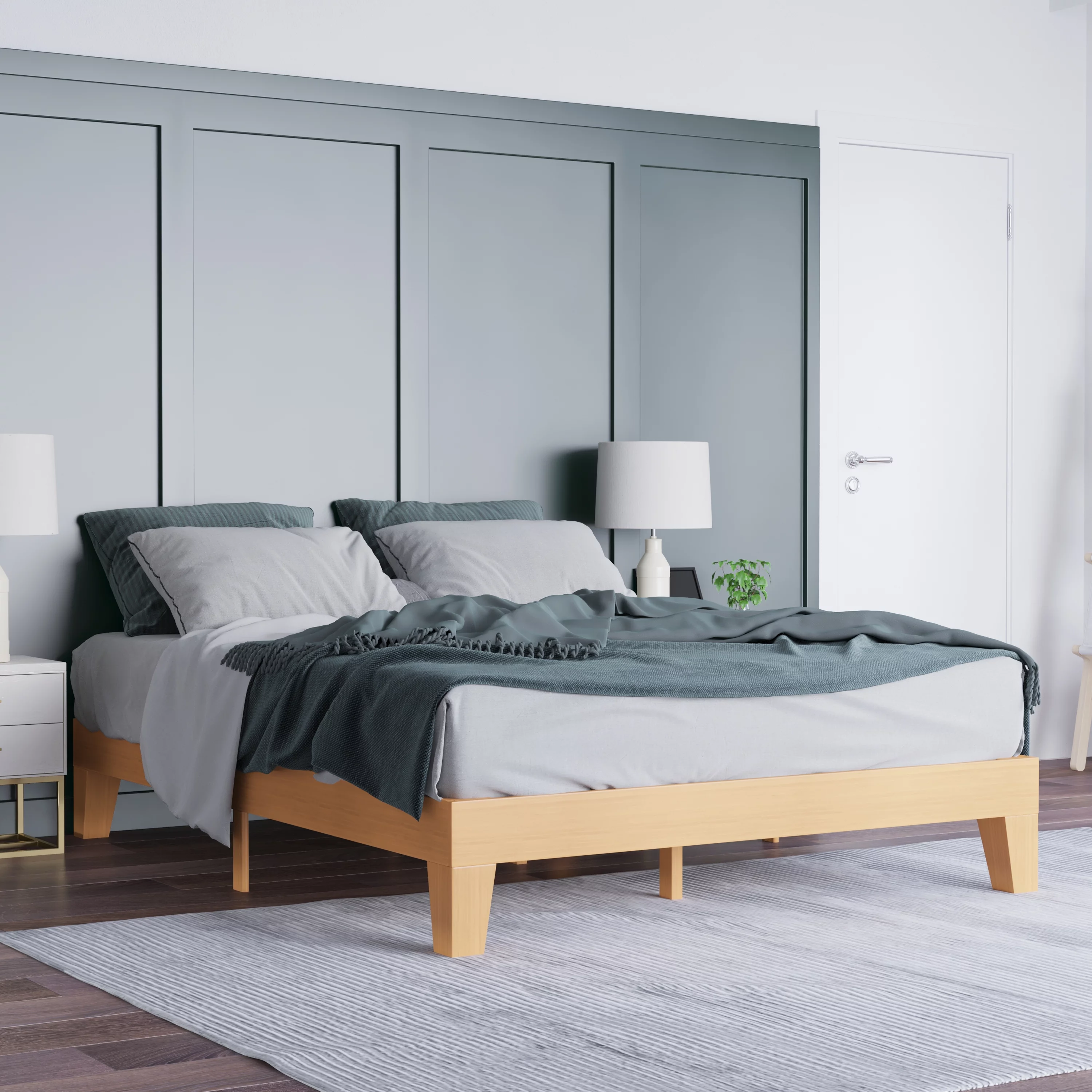 Emma + Oliver Queen Sized Wooden Platform Bed with Natural Pine Finish and Wooden Support Slats; No Box Spring or Foundation Required