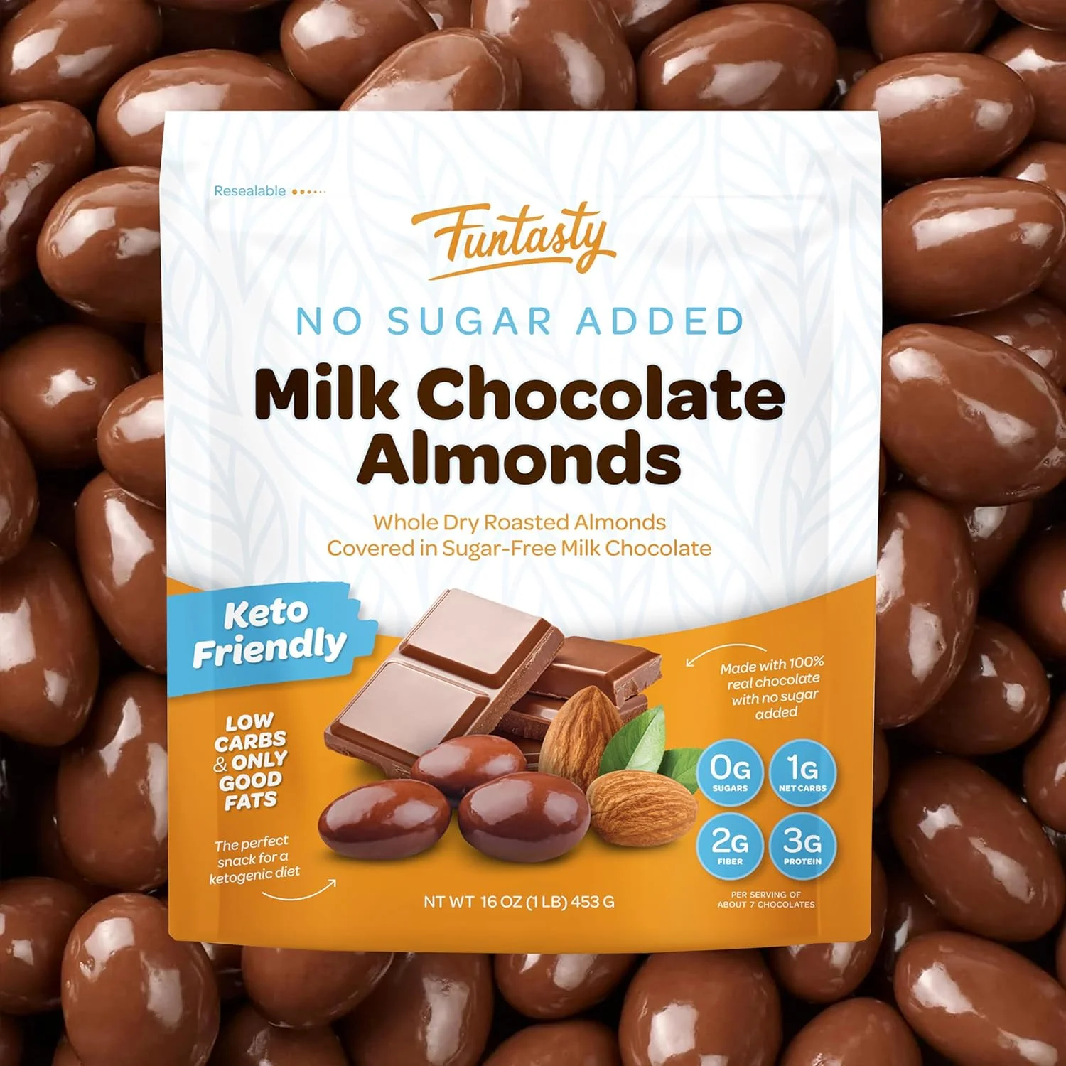Funtasty Sugar Free Milk Chocolate Covered Almonds, Keto Friendly, 1 Pound Pack
