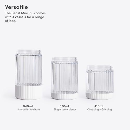 The Beast Mini Blender Plus | Mini Countertop Kitchen Blender | Blend Smoothies and Shakes, Dressings, Sauces, Dips | Extra Vessels, Straw Cap and Straws Included | 600W (Cloud White)