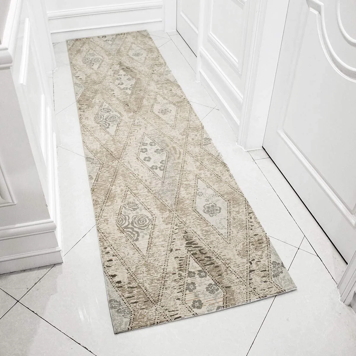 Hallway Runner Rug Machine Washable Non Slip Backing Vintage Inspired Design Beige & Cream Flat Weave 2.3'x9' Dog Friendly Kitchen Runner Non Shedding Indoor Mat